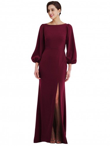 Bishop Sleeve Open Back Trumpet Crepe Formal Dress with Scarf Tie Canada