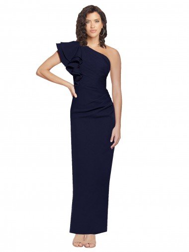 Ruched Floor Length Long Crepe Formal Dress with Shoulder Ruffles Canada