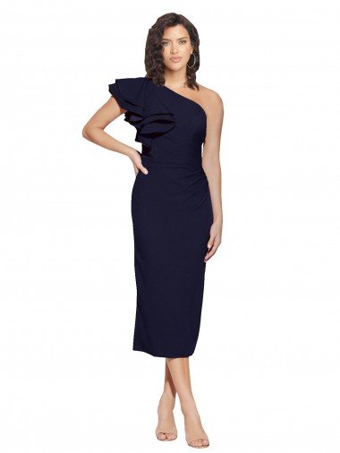 Ruched Midi Length Short Crepe Cocktail Formal Dress with Shoulder Ruffles Canada