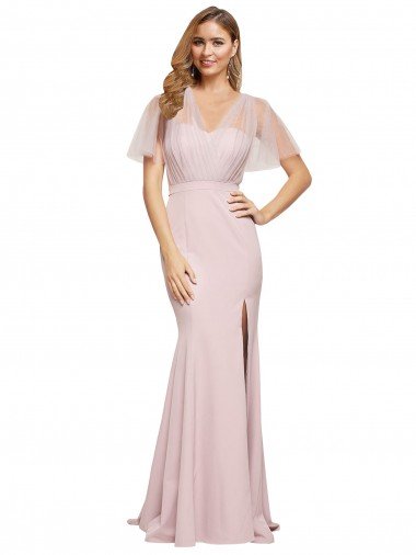 Crepe Long Sweetheart Neckline Formal Dress with Tulle Overlay Shoulders Canada