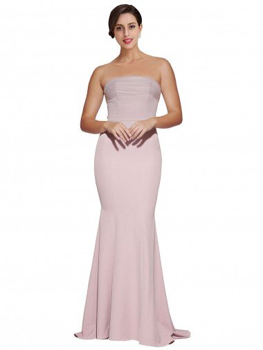 Straight Neck Long Strapless Crepe Formal Dress with Soft Tulle Overlay and Small Train Canada