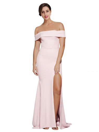 Off Shoulder Long Crepe Formal Dress with Straight Neckline and Side Split Canada