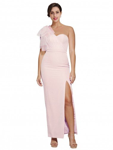 One Shoulder Tulle Overlay Sweetheart Neckline Long Crepe Formal Dress with Thigh Split Canada