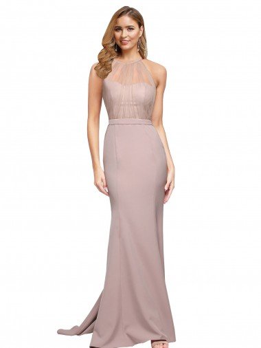 Long Sweetheart Crepe Formal Dress with High Neck Illusion Tulle Details Canada