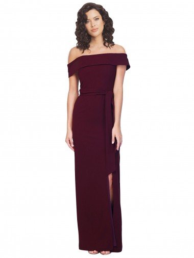 Fitted Full Length Off the Shoulder Crepe Formal Dress with Side Split and Waist Tie Canada