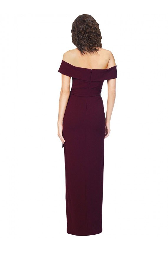 Fitted Full Length Off the Shoulder Crepe Formal Dress with Side Split and Waist Tie
