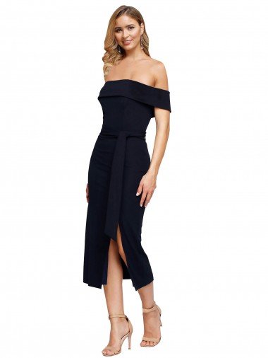 Fitted Short Midi Length Off the Shoulder Crepe Cocktail Formal Dress with Side Split and Waist Tie Canada