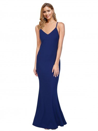 Full Length V-Neckline Crepe Formal Dress with Thin Straps and Fulted Skirt Canada