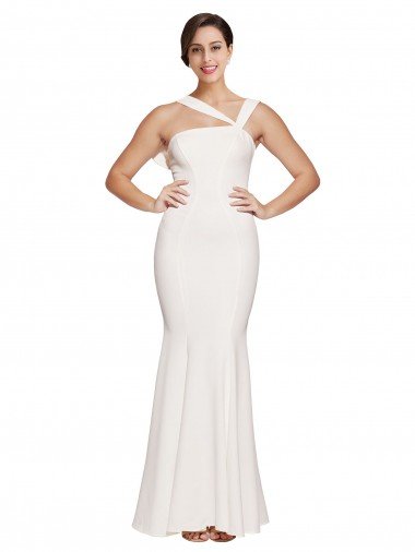 Full Length Square Neck Crepe Formal Dress with Asymmetrical Straps and Bow Back Canada
