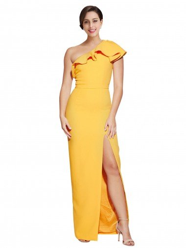 One Shoulder Floor Length Crepe Formal Dress with Thigh High Split Canada