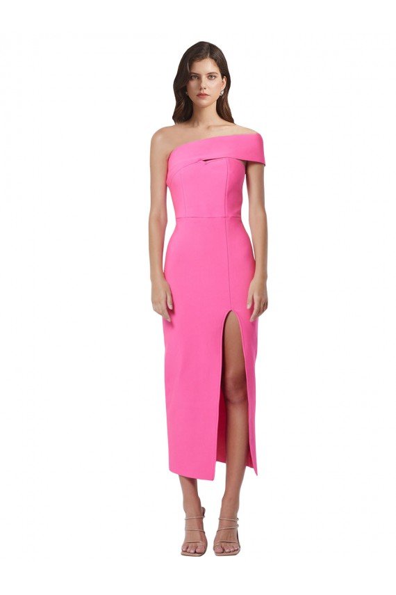 One Shoulder Neckline Short Midi Length Crepe Cocktail Formal Dress