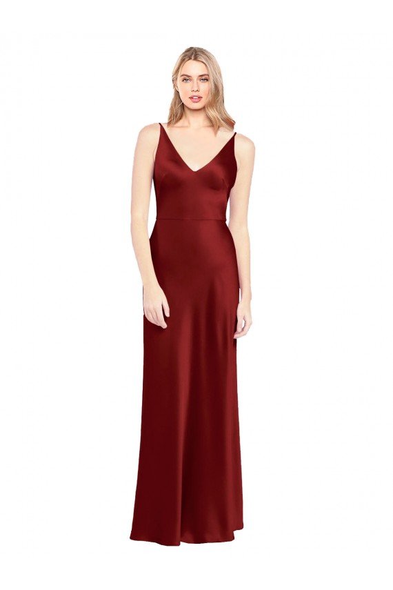Full Length Long Stretch Satin Semi Formal Dress V-Back
