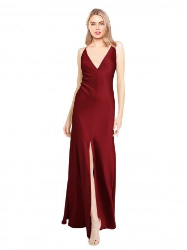 Floor Length Deep V-Back Stretch Satin Formal Dress with Front Slit Canada