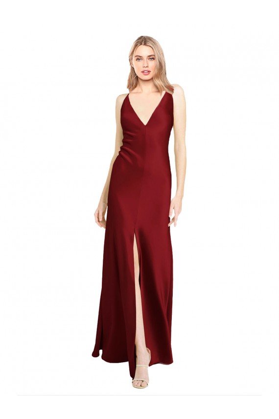 Floor Length Deep V-Back Stretch Satin Formal Dress with Front Slit