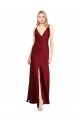 Floor Length Deep V-Back Stretch Satin Formal Dress with Front Slit