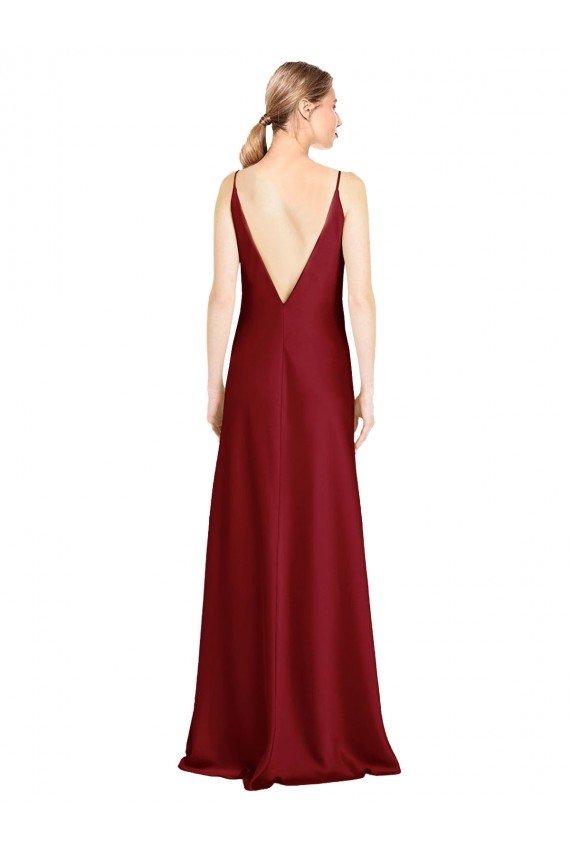 Floor Length Deep V-Back Stretch Satin Formal Dress with Front Slit