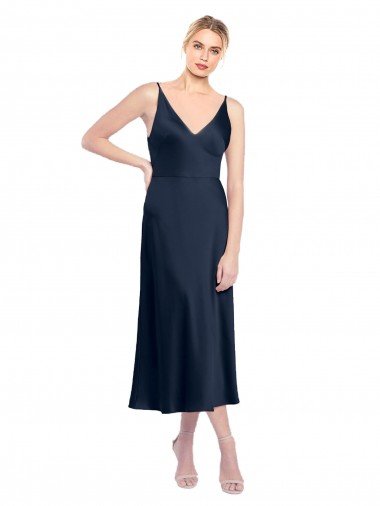 V-Neck Midi Length Short Stretch Satin Cocktail Formal Dress V-Back Canada