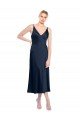 V-Neck Midi Length Short Stretch Satin Cocktail Formal Dress V-Back