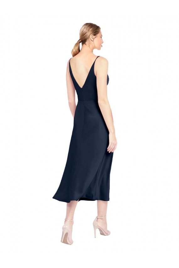V-Neck Midi Length Short Stretch Satin Cocktail Formal Dress V-Back