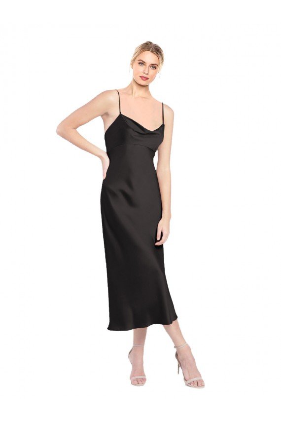 Cowl Neck Midi Length Short Stretch Satin Slip Cocktail Formal Dress