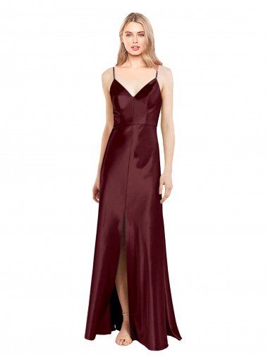 Sleek Spaghetti Straps V-Neck Stretch Satin Formal Dress with Center Front Slit Canada