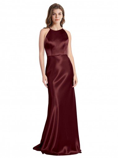High Neck Halter Long Sleeveless Stretch Satin Formal Dress with Strappy Back Canada