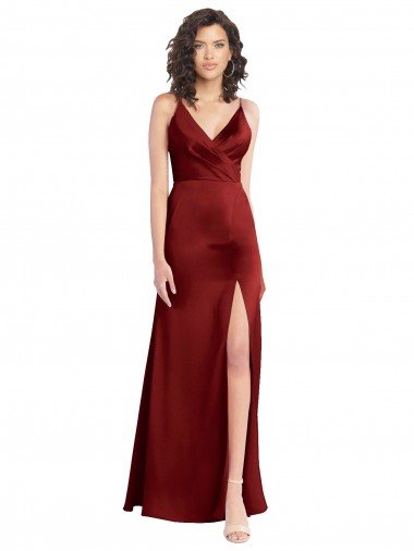 Faux Surplice Neckline Long Slim A-Line Stretch Satin Formal Dress Canada