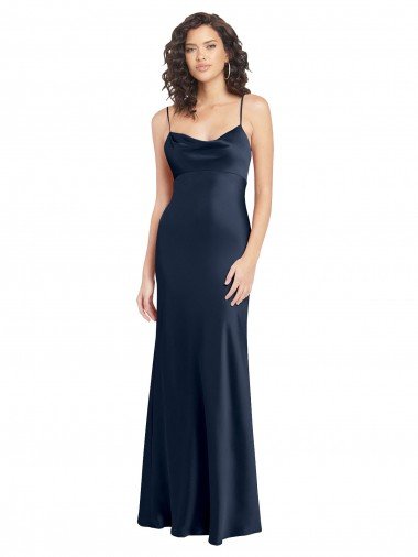 Cowl Neck Long Empire Waist Stretch Satin Formal Dress with Open Back Canada