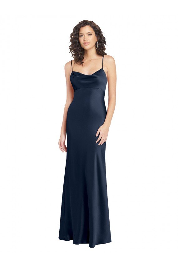 Cowl Neck Long Empire Waist Stretch Satin Formal Dress with Open Back