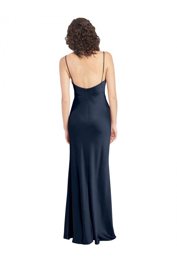 Cowl Neck Long Empire Waist Stretch Satin Formal Dress with Open Back