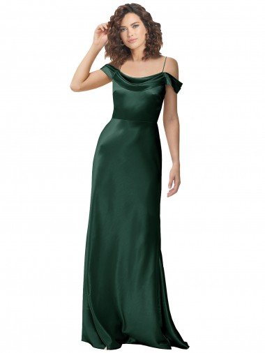 Off the Shoulder Sleeves Long Stretch Satin Formal Dress with Pleated Draped Neckline Canada