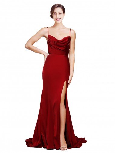 Cowl Front Neck Sweep Train Stretch Satin Formal Dress with High Side Split Canada