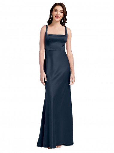 Square Neck A-Line Long Stretch Satin Formal Dress with Wide Straps Canada