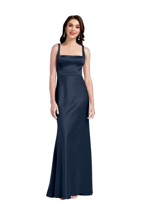 Square Neck A-Line Long Stretch Satin Formal Dress with Wide Straps