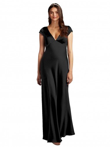 Plunging V-Neck Cap Cleeves Long Stretch Satin Formal Dress with Keyhole Back Canada