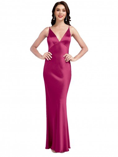 V-Neck Spaghetti Straps Slim Stretch Satin Formal Dress with Low Scoop Back Canada