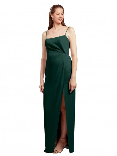 Sleek Straight Neckline Long Wrap Stretch Satin Formal Dress with Angled Pleats Canada
