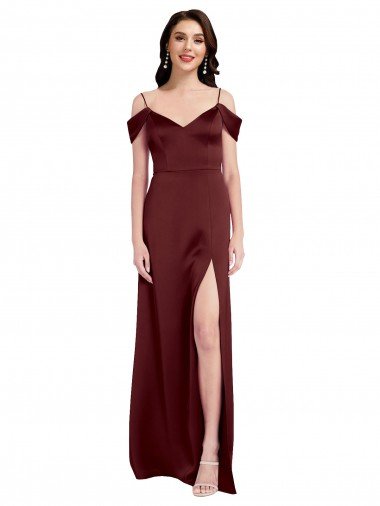 Draped Off the Shoulder Sleeves Slim A-Line Stretch Satin Formal Dress with Side Slit Canada