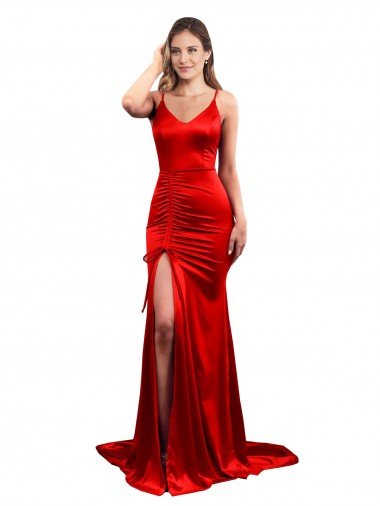 Long Pleated Stretch Satin Formal Dress with High Slit Canada
