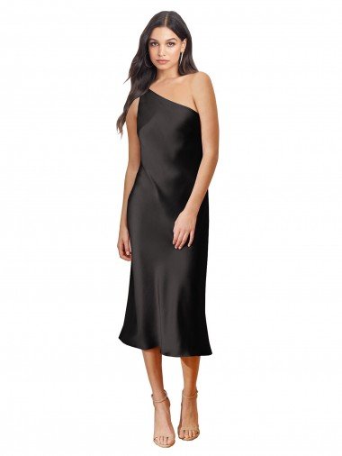 Sleek One Shoulder Midi Length Short Stretch Satin Slip Cocktail Formal Dress Canada