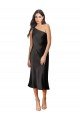 Sleek One Shoulder Midi Length Short Stretch Satin Slip Cocktail Formal Dress