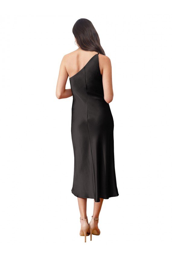 Sleek One Shoulder Midi Length Short Stretch Satin Slip Cocktail Formal Dress