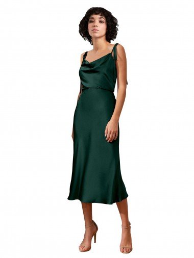 Spaghetti Straps Tie Shoulders Cowl Neck Short Midi Length Stretch Satin Cocktail Formal Dress Canada