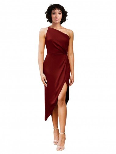 One Shoulder Midi Length Short Stretch Satin Wrap Style Cocktail Formal Dress Canada