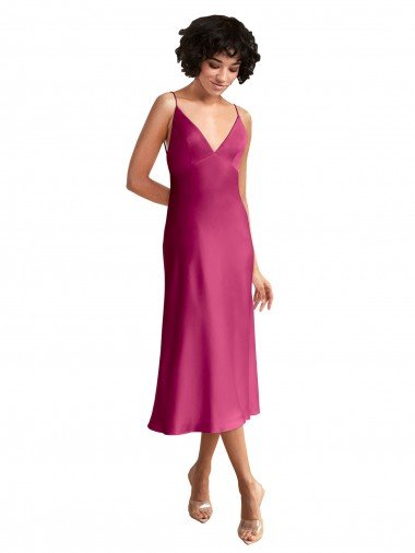 Midi Length V-Neck Short Stretch Satin Cocktail Formal Dress with Low Scoop Back Canada