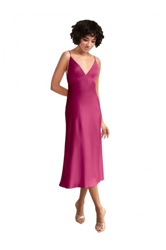 Midi Length V-Neck Short Stretch Satin Cocktail Formal Dress with Low Scoop Back