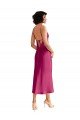 Midi Length V-Neck Short Stretch Satin Cocktail Formal Dress with Low Scoop Back