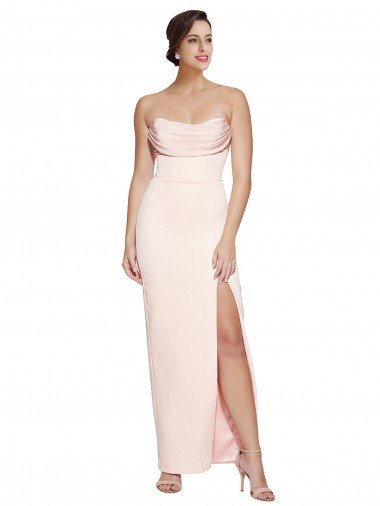 Cowl Neck Strapless Stretch Satin Formal Dress with High Split Canada