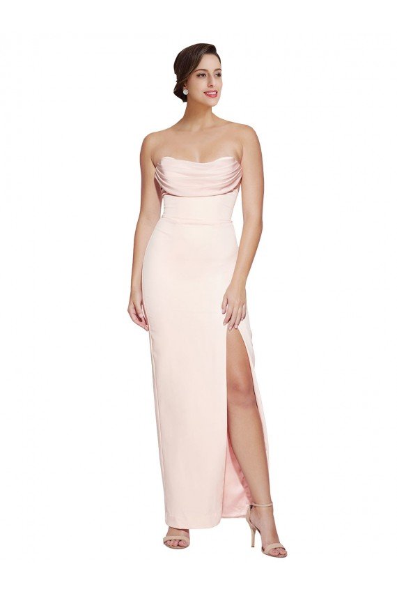 Cowl Neck Strapless Stretch Satin Formal Dress with High Split