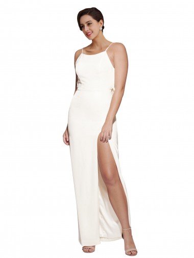 High Neck Stretch Satin Formal Dress with Low Back and Side Slit Canada